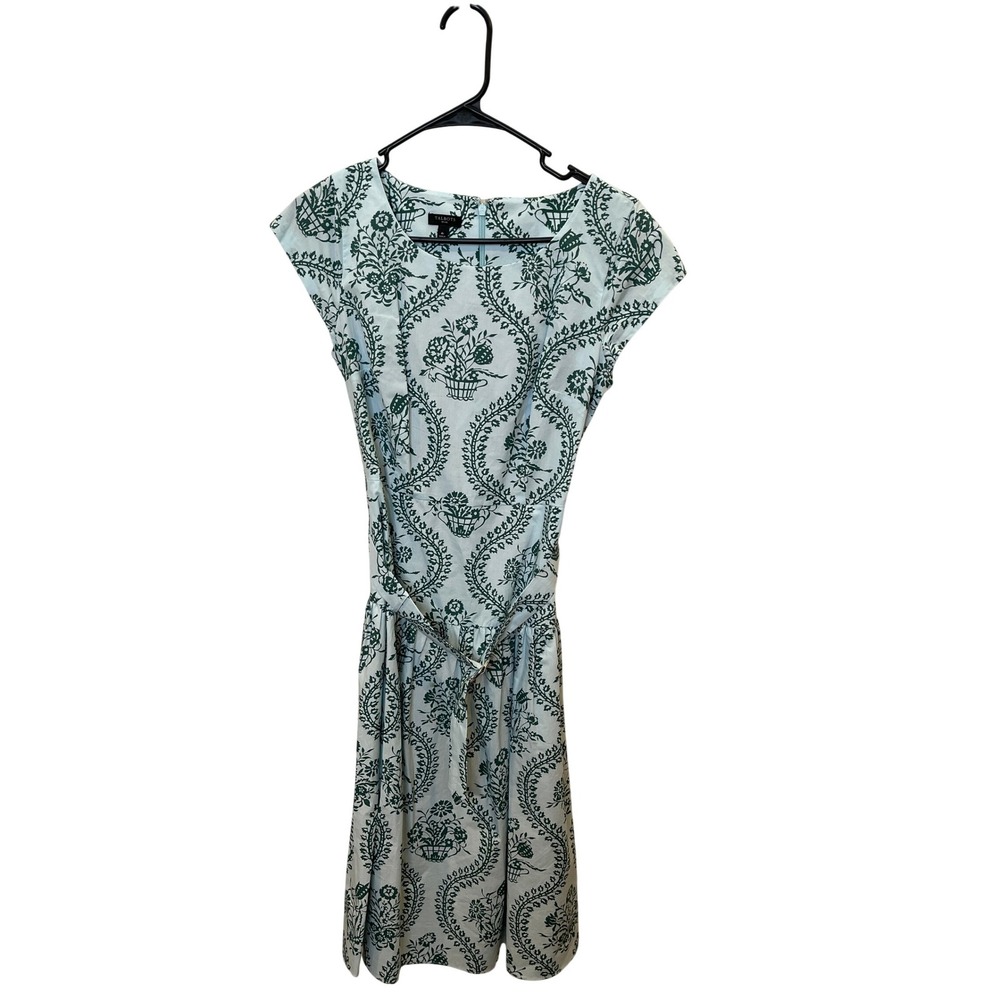 Talbots Petite 4P Green Light Blue Damask Floral Cotton Fit Flare Belted Dress